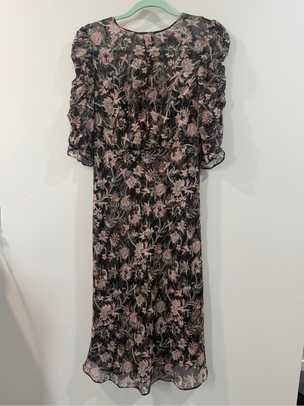 Veronica Beard Black Floral Midi Dress with Blush Accents